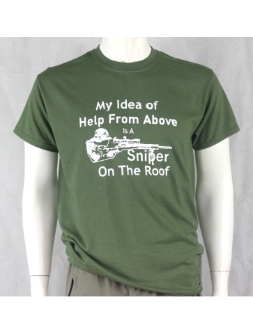 Sniper on the Roof Screenprint T-shirt Gildan Green Cotton Military Humour