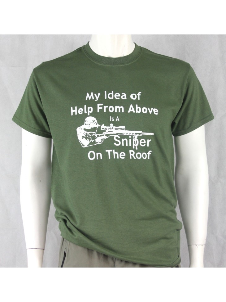 Sniper on the Roof Screenprint T-shirt Gildan Green Cotton Military Humour