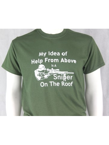 Sniper on the Roof Screenprint T-shirt Gildan Green Cotton Military Humour